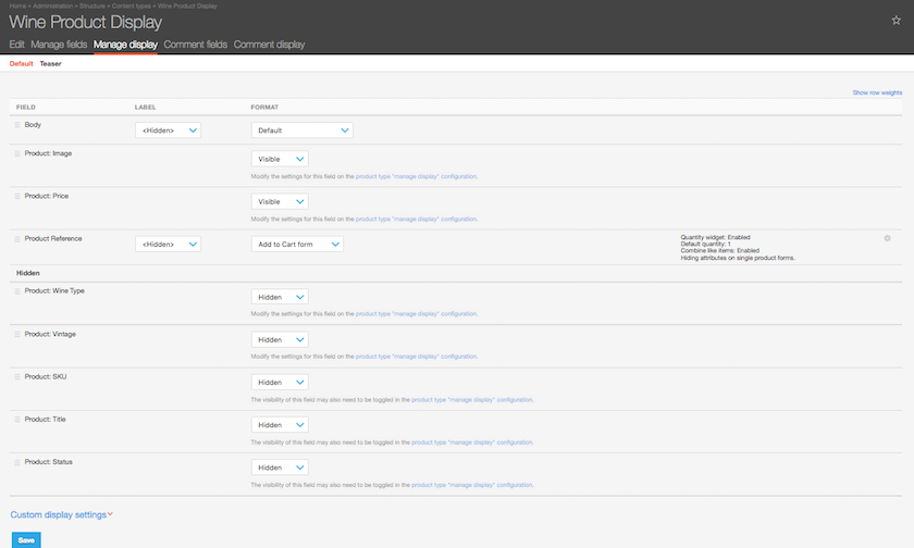 Drupal Commerce Product Display Content Type, Display Settings